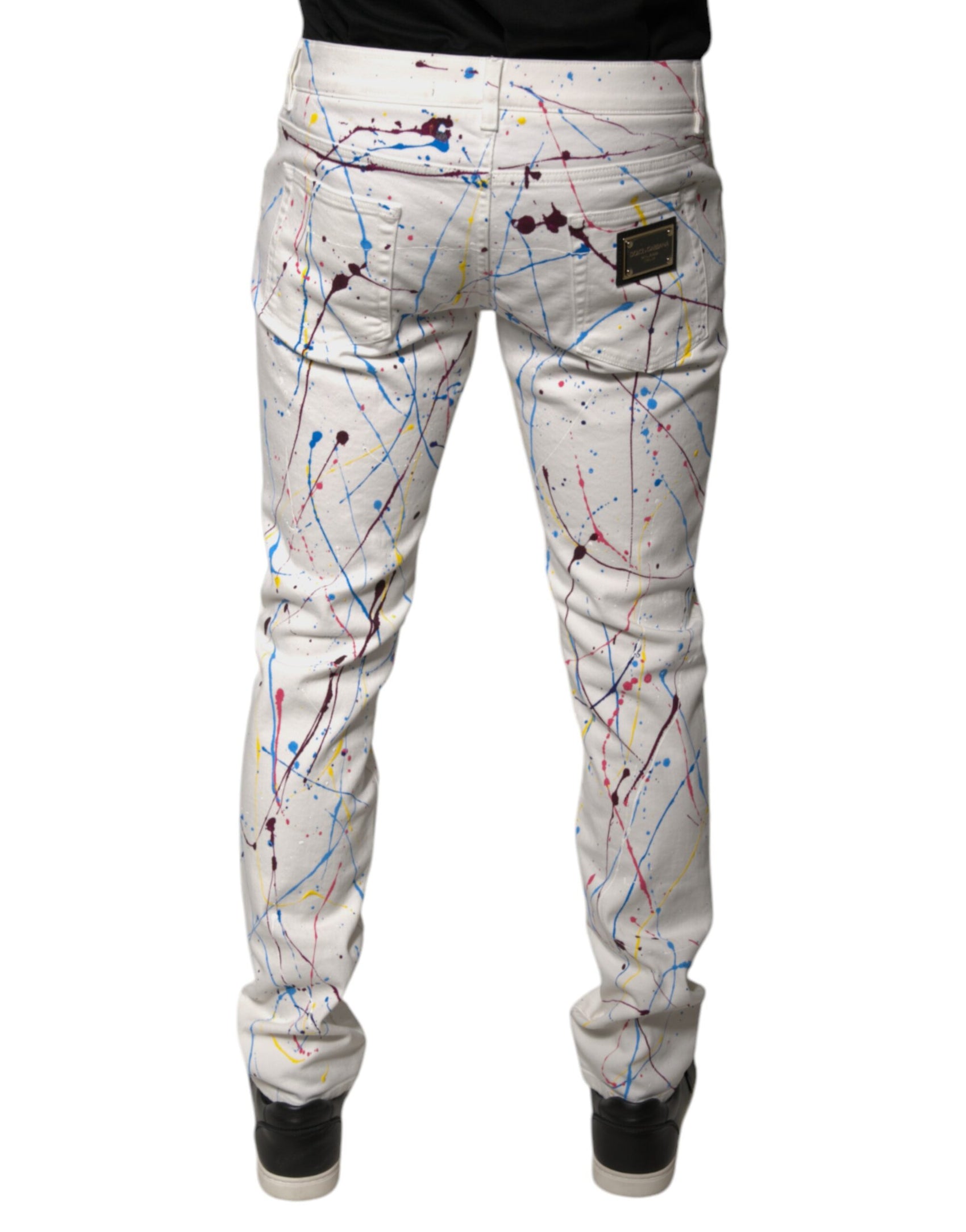 Weiße Skinny-Jeans mit Farbspritzer-Print