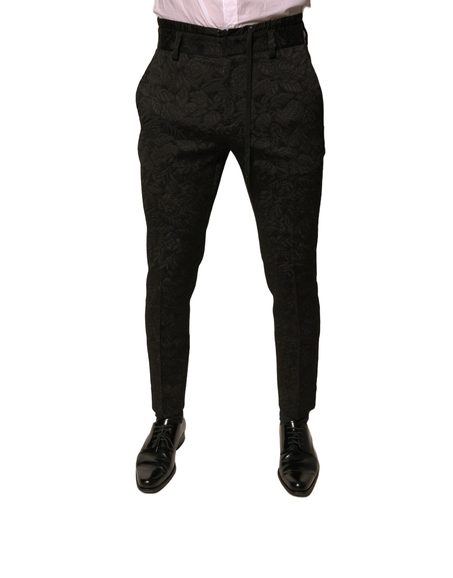 Schwarze, schmale Anzughose aus Polyester mit Brokatmuster für Herren
