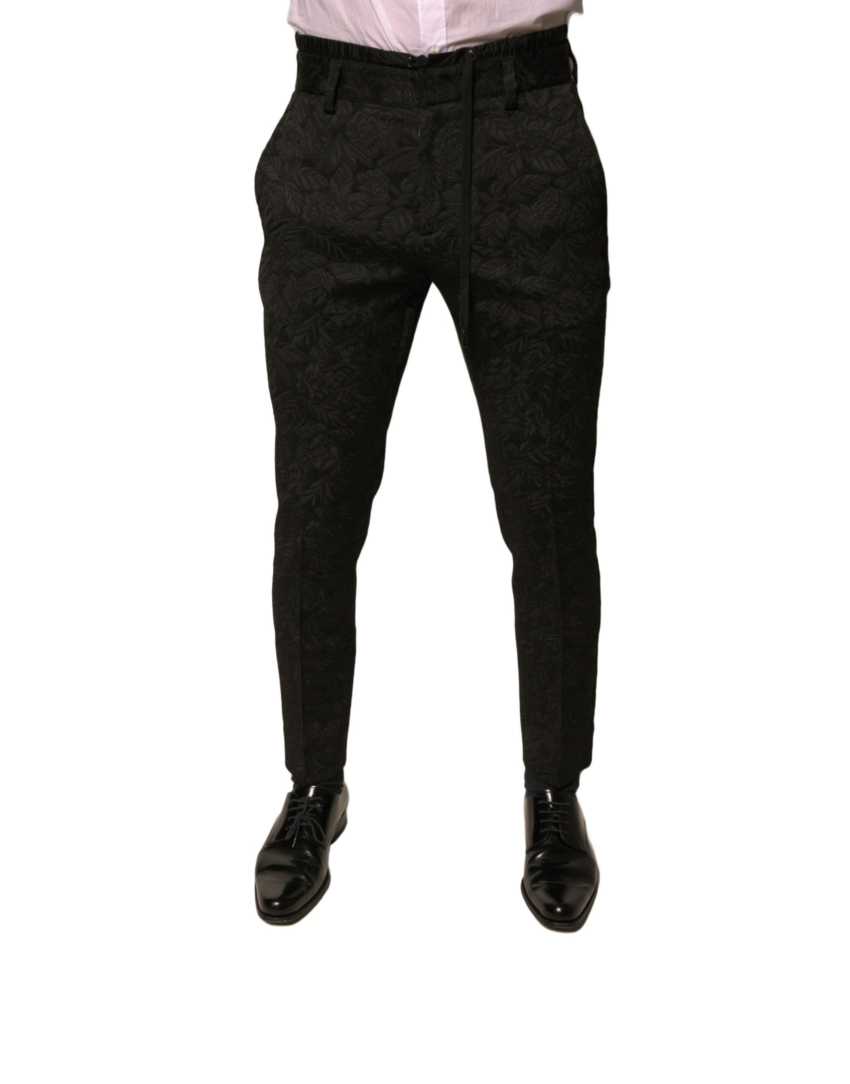 Schwarze, schmale Anzughose aus Polyester mit Brokatmuster für Herren