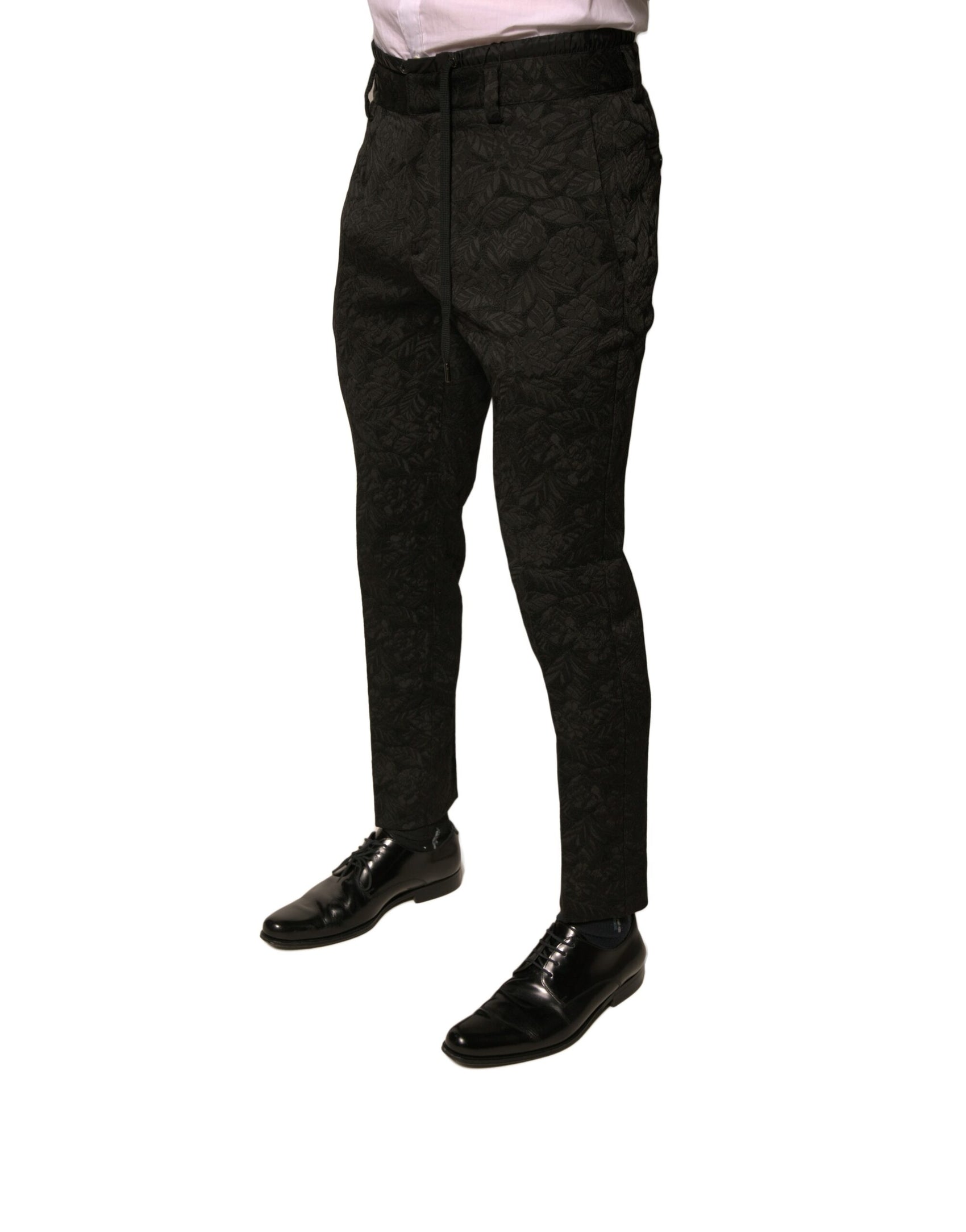 Schwarze, schmale Anzughose aus Polyester mit Brokatmuster für Herren