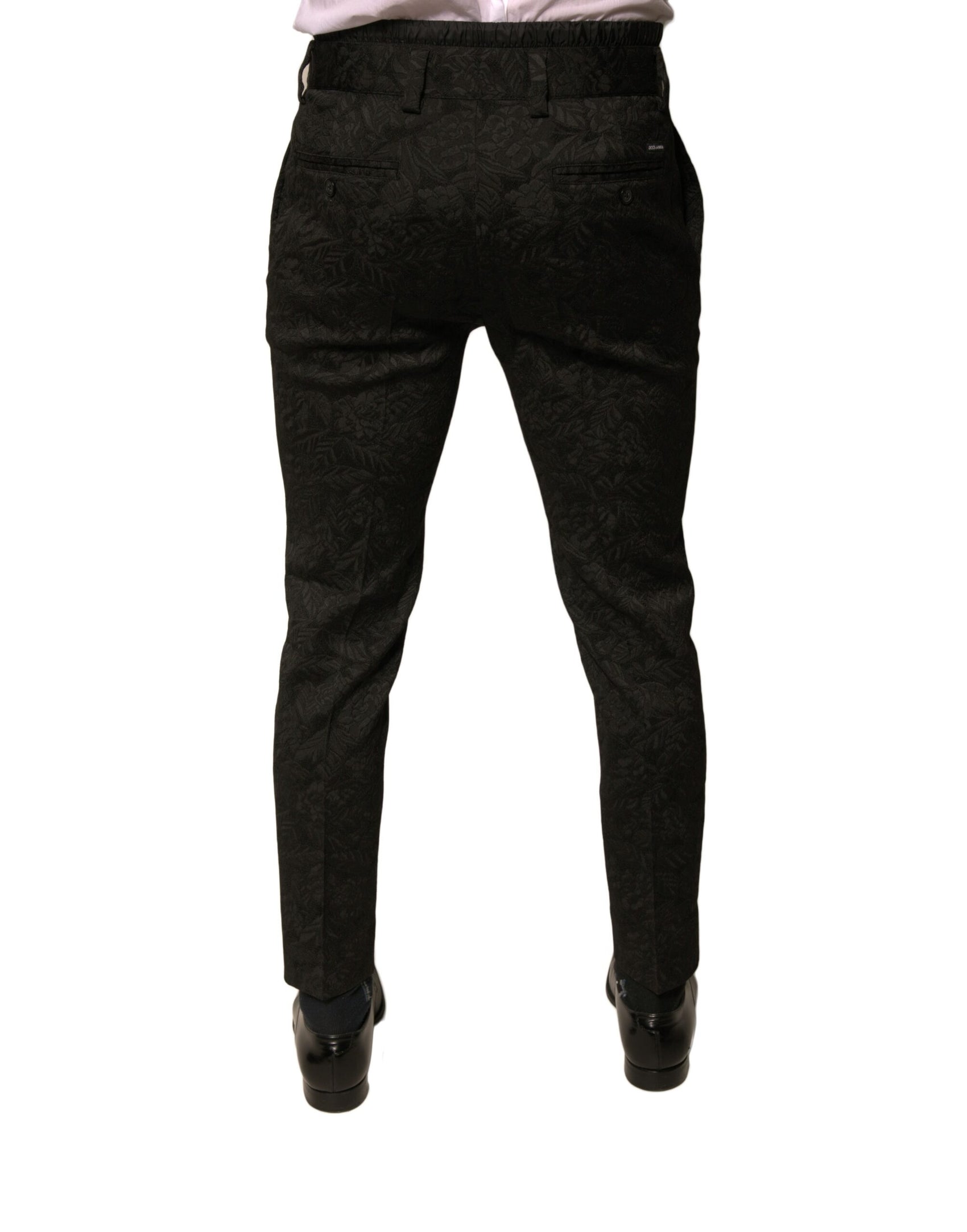 Schwarze, schmale Anzughose aus Polyester mit Brokatmuster für Herren