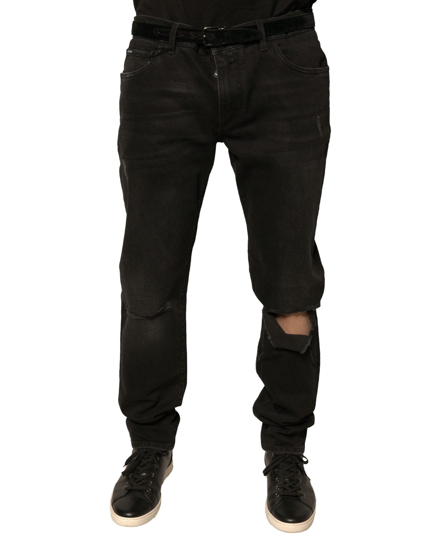 Schwarze Skinny-Jeans aus Baumwolle mit Rissen und Logo