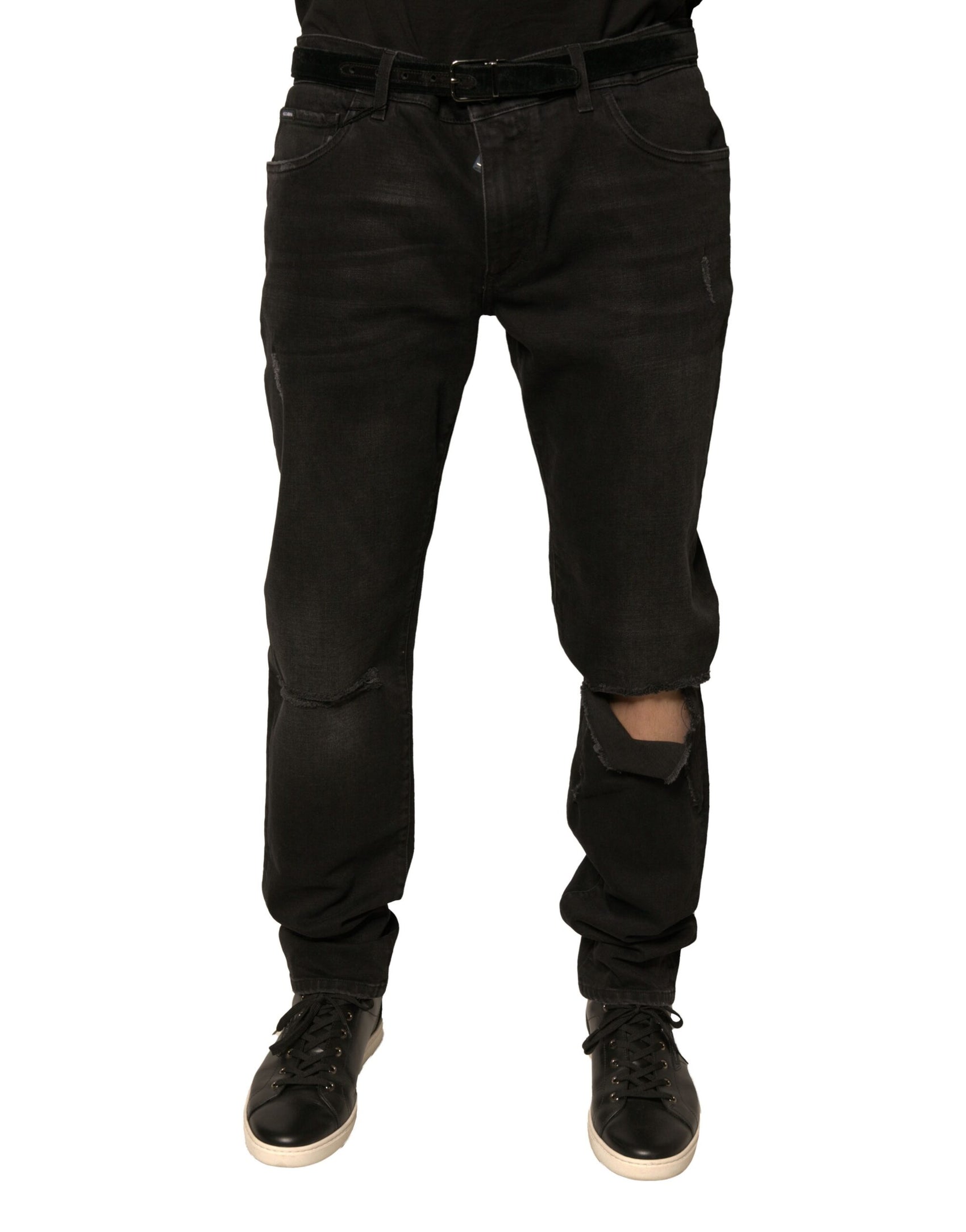 Schwarze Skinny-Jeans aus Baumwolle mit Rissen und Logo