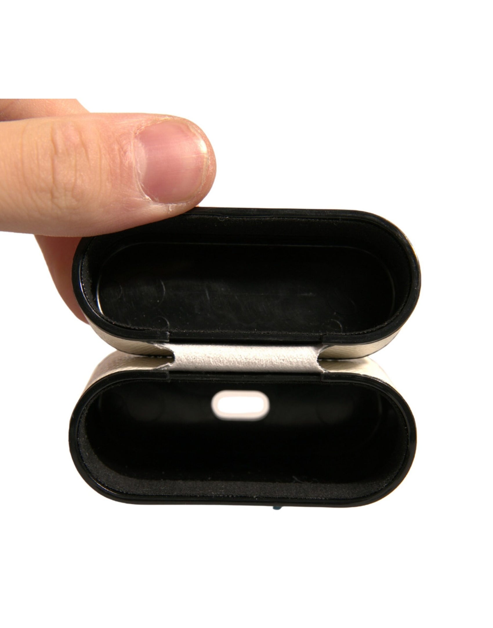 Custodia per Airpods con placca con logo in metallo in pelle bianca