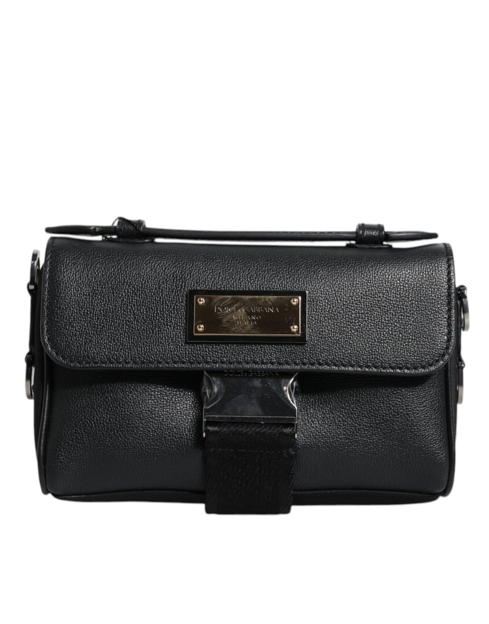 Borsa a tracolla con fibbia in pelle con placca logo nera