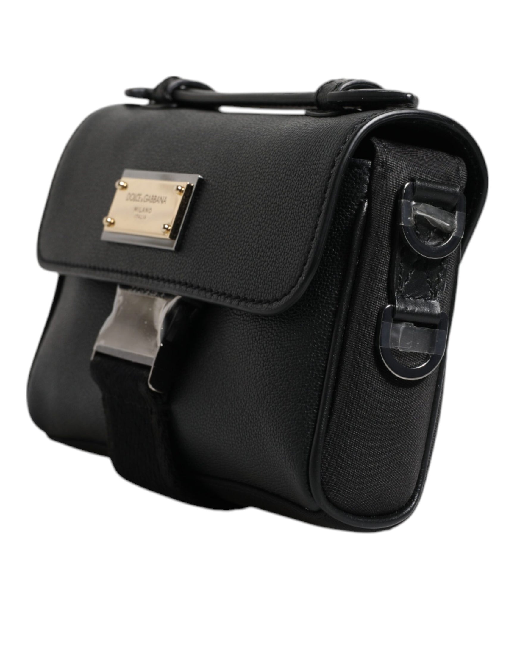 Borsa a tracolla con fibbia in pelle con placca logo nera