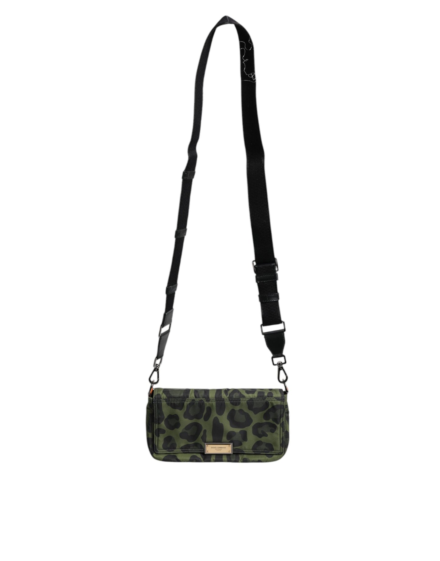 Green Nylon Leopard Print Shell Messenger Crossbody Bag