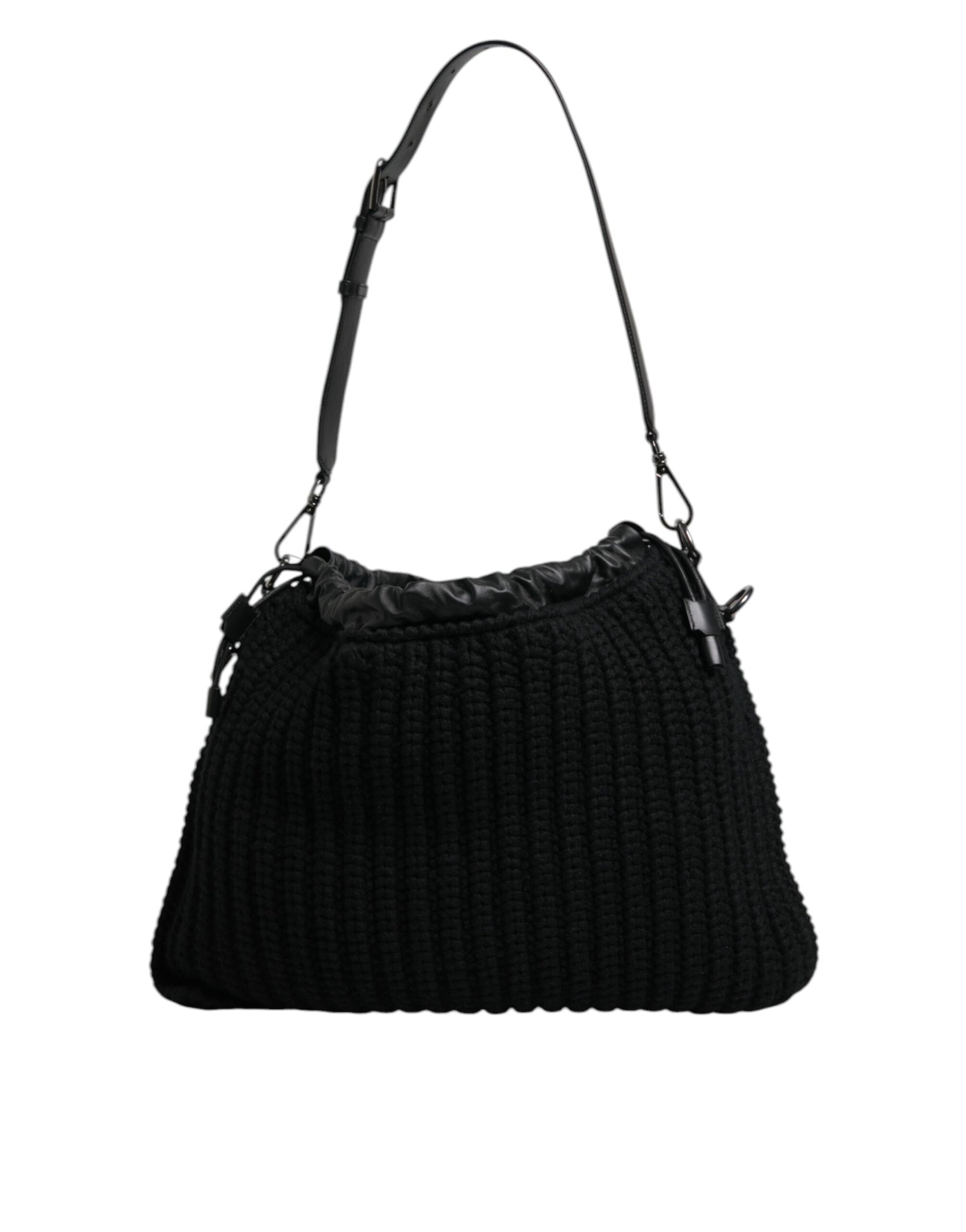 Schwarze Schultertasche aus gestricktem Kaschmirleder