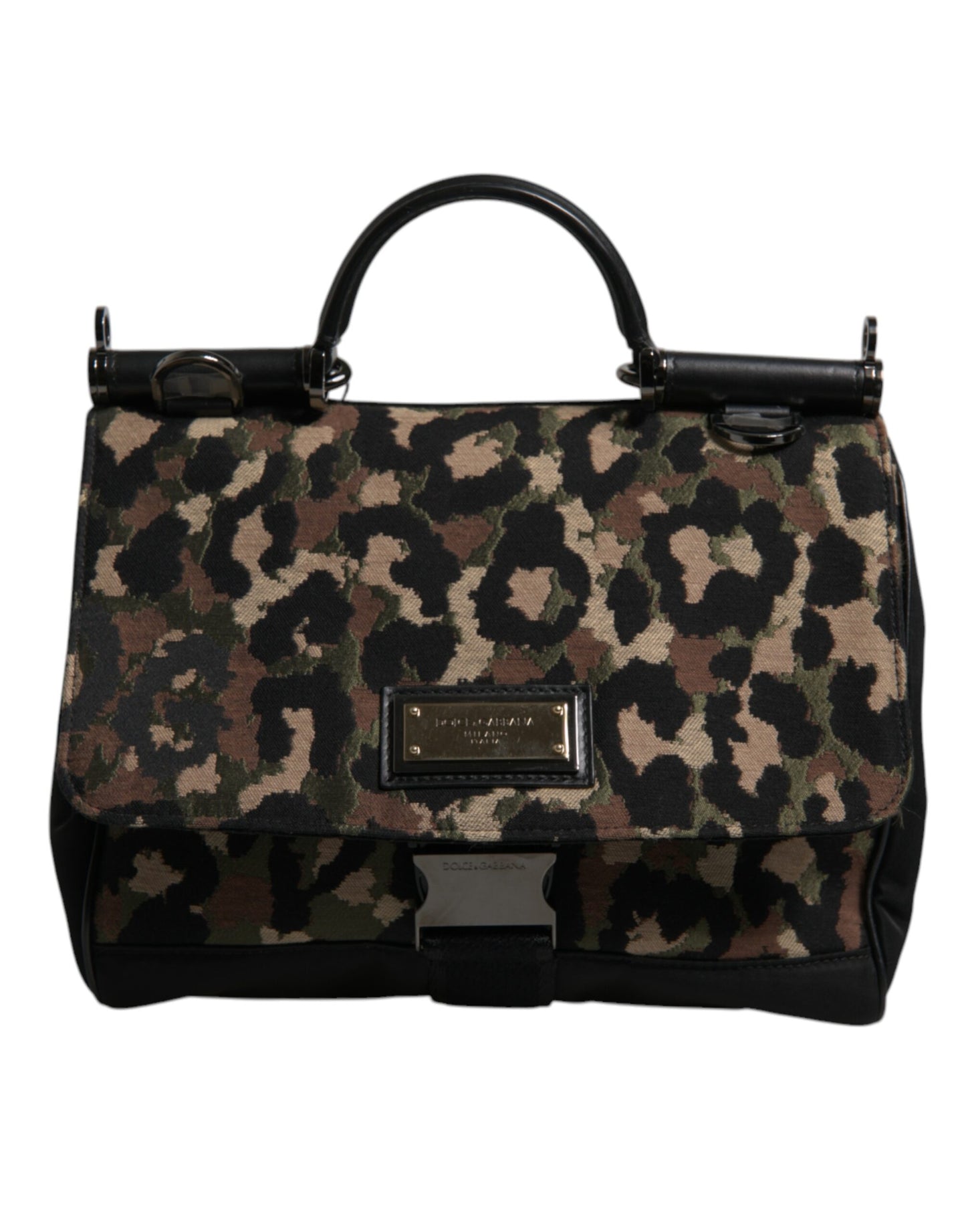Braune Sicily-Tragetasche aus lackiertem Nylon mit Leopardenmuster