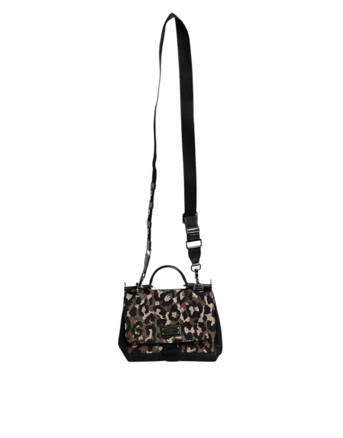 Braune Sicily-Tragetasche aus lackiertem Nylon mit Leopardenmuster