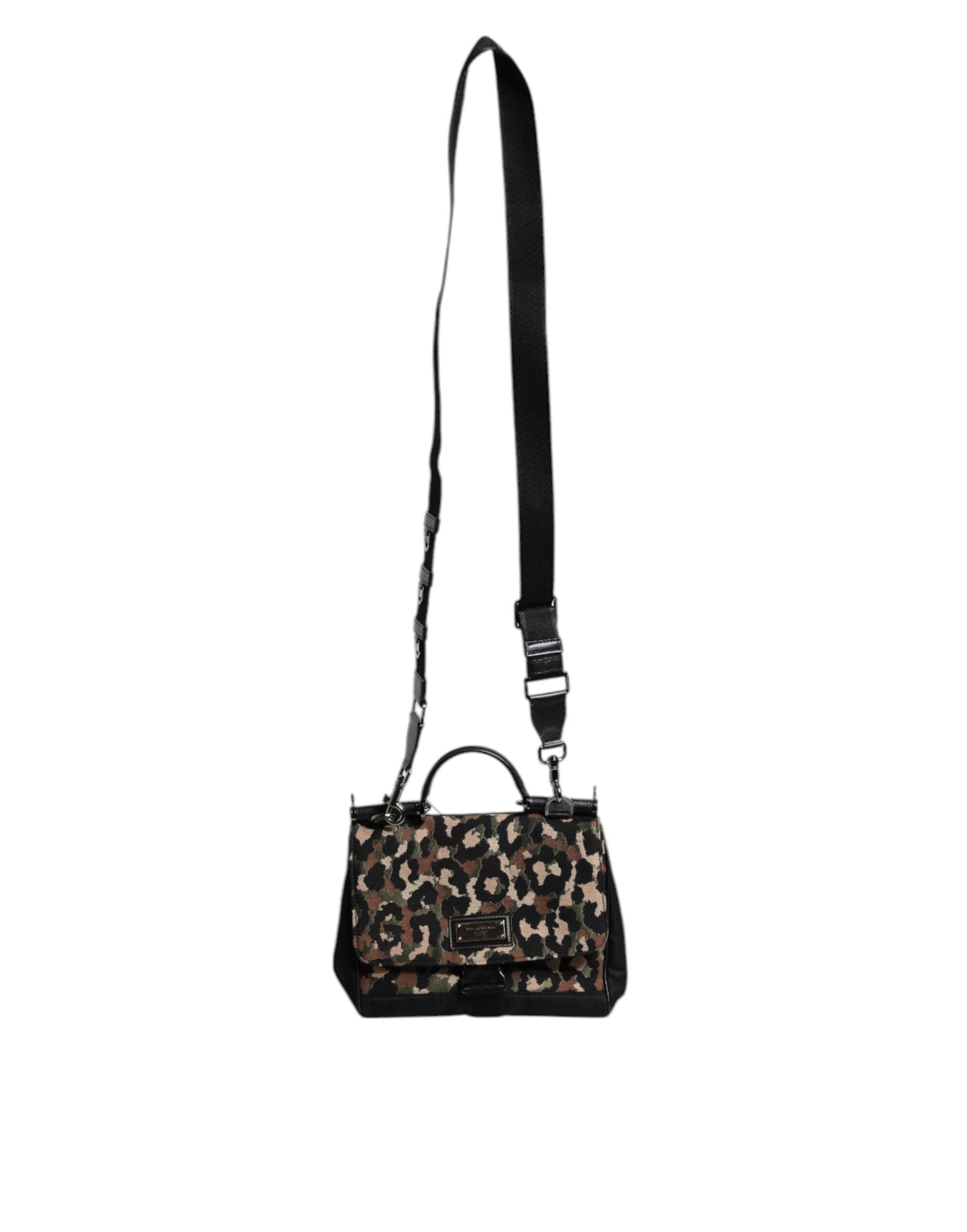 Braune Sicily-Tragetasche aus lackiertem Nylon mit Leopardenmuster