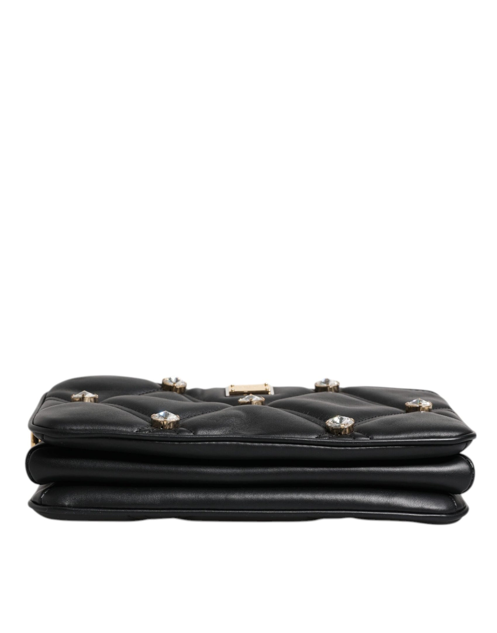 Schwarze Schultertasche aus Leder mit Kristallverzierung und Logo