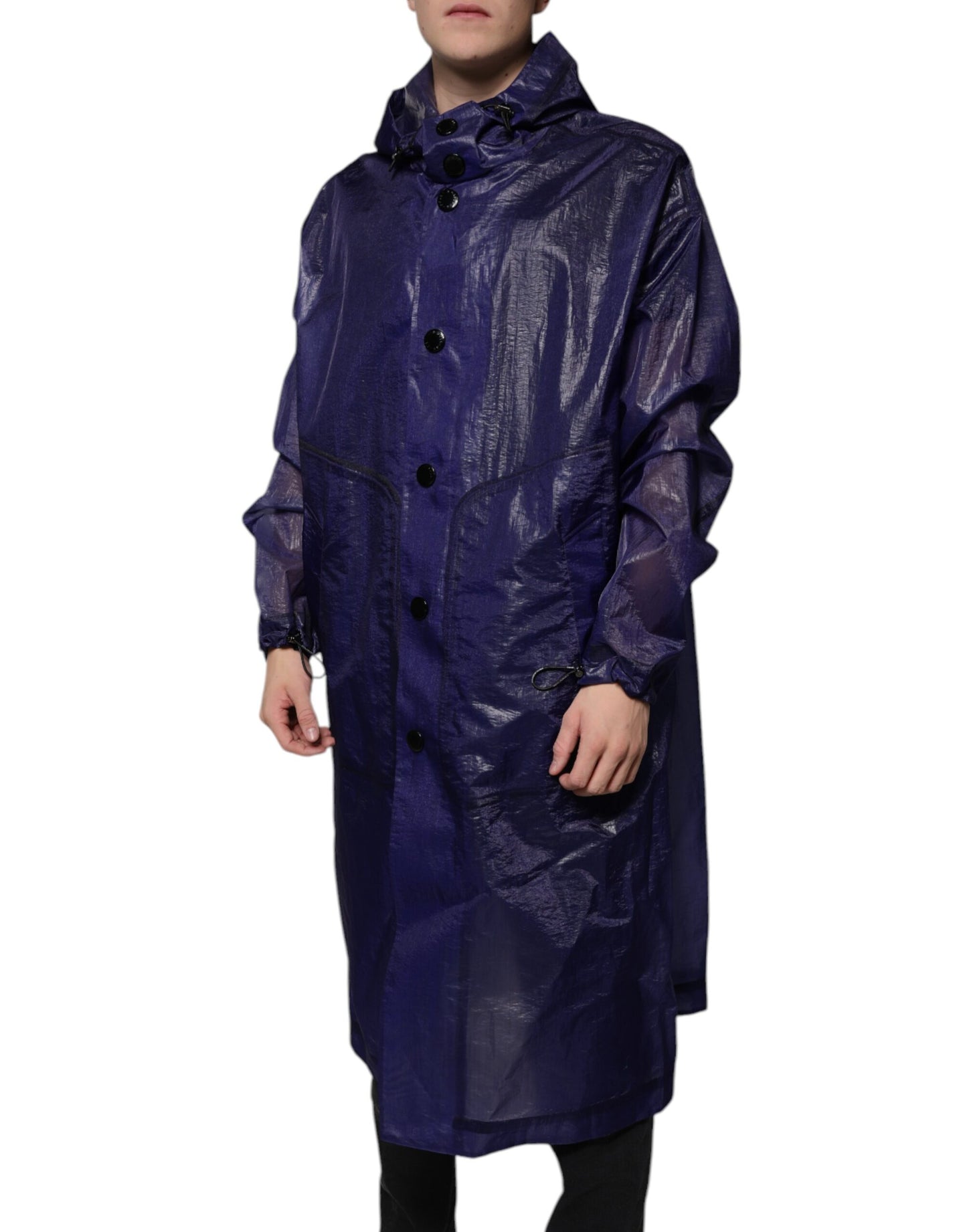 Dark Blue Cotton Hooded Men Raincoat Jacket