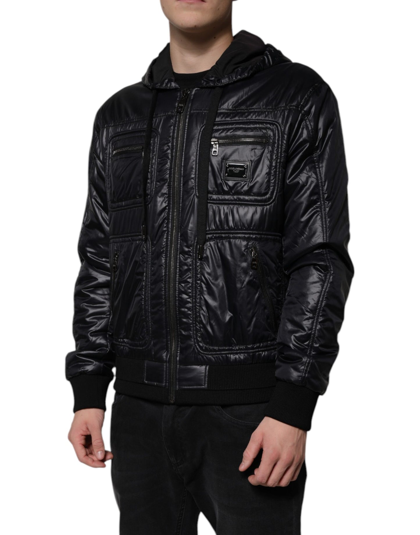 Black Nylon Hooded Full Zip Blouson Jacket