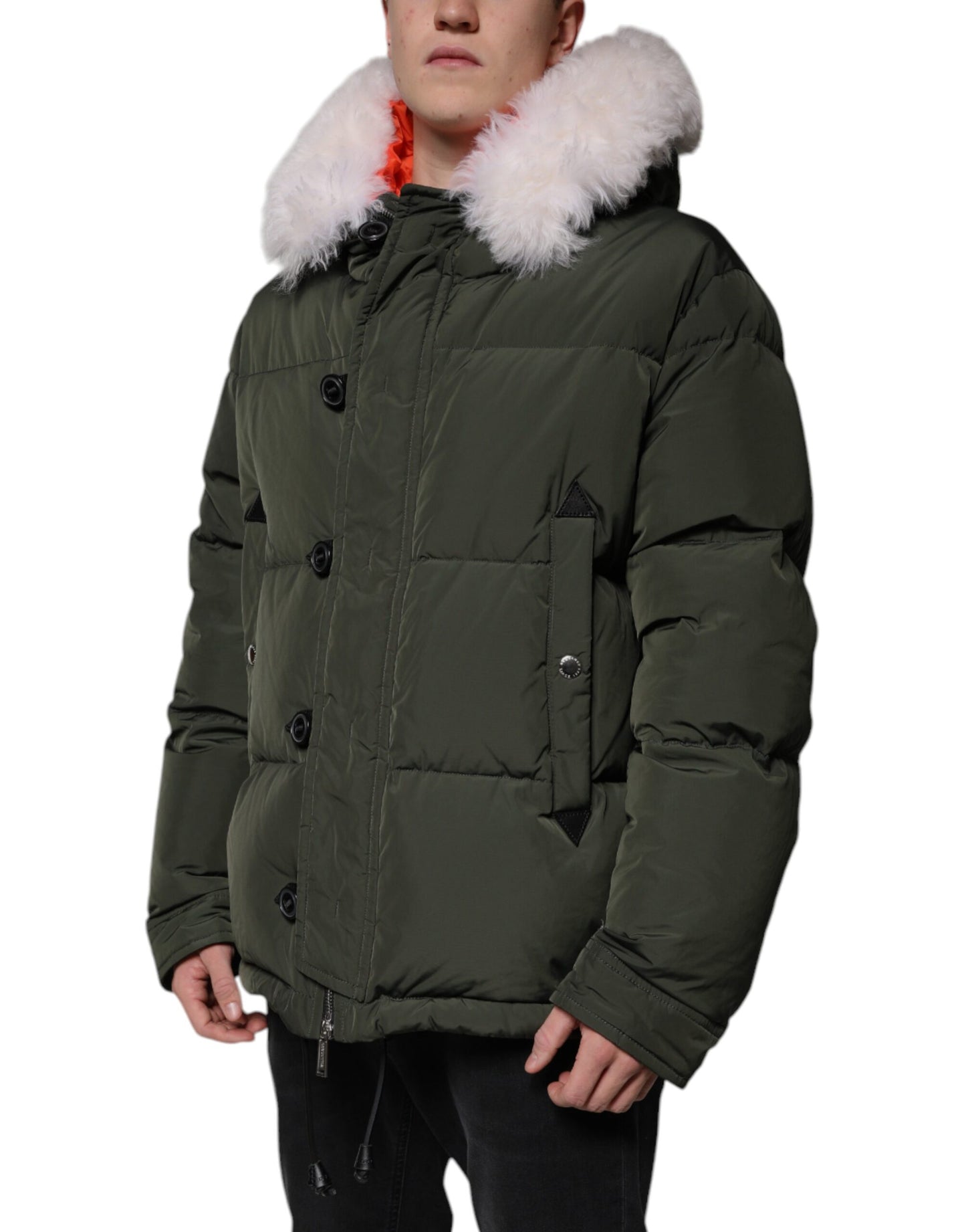 Green Hooded Long Sleeves Fur Shearling Jacket