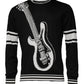 Schwarz-weißer Seidenpullover mit Rundhalsausschnitt und Gitarre