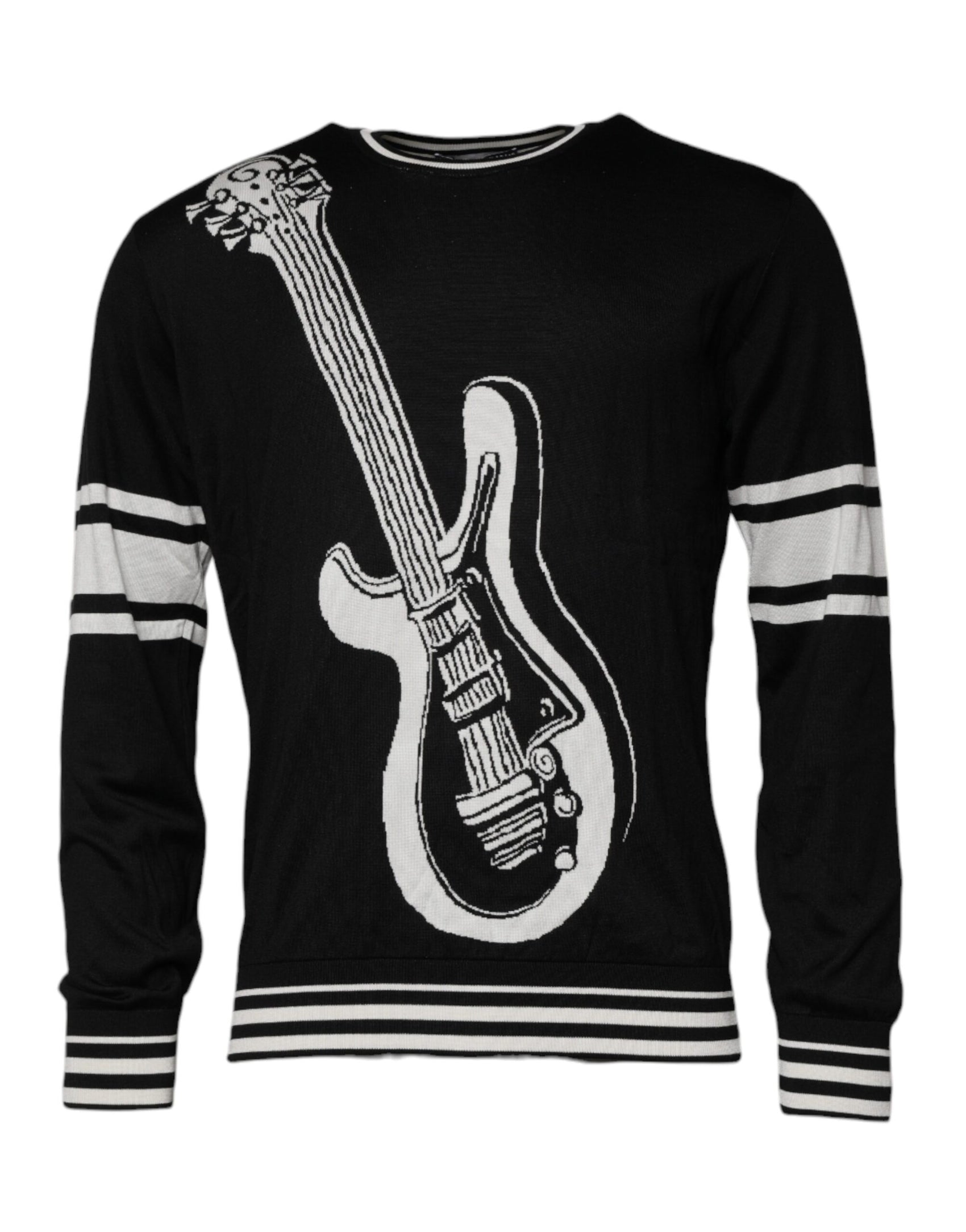 Schwarz-weißer Seidenpullover mit Rundhalsausschnitt und Gitarre
