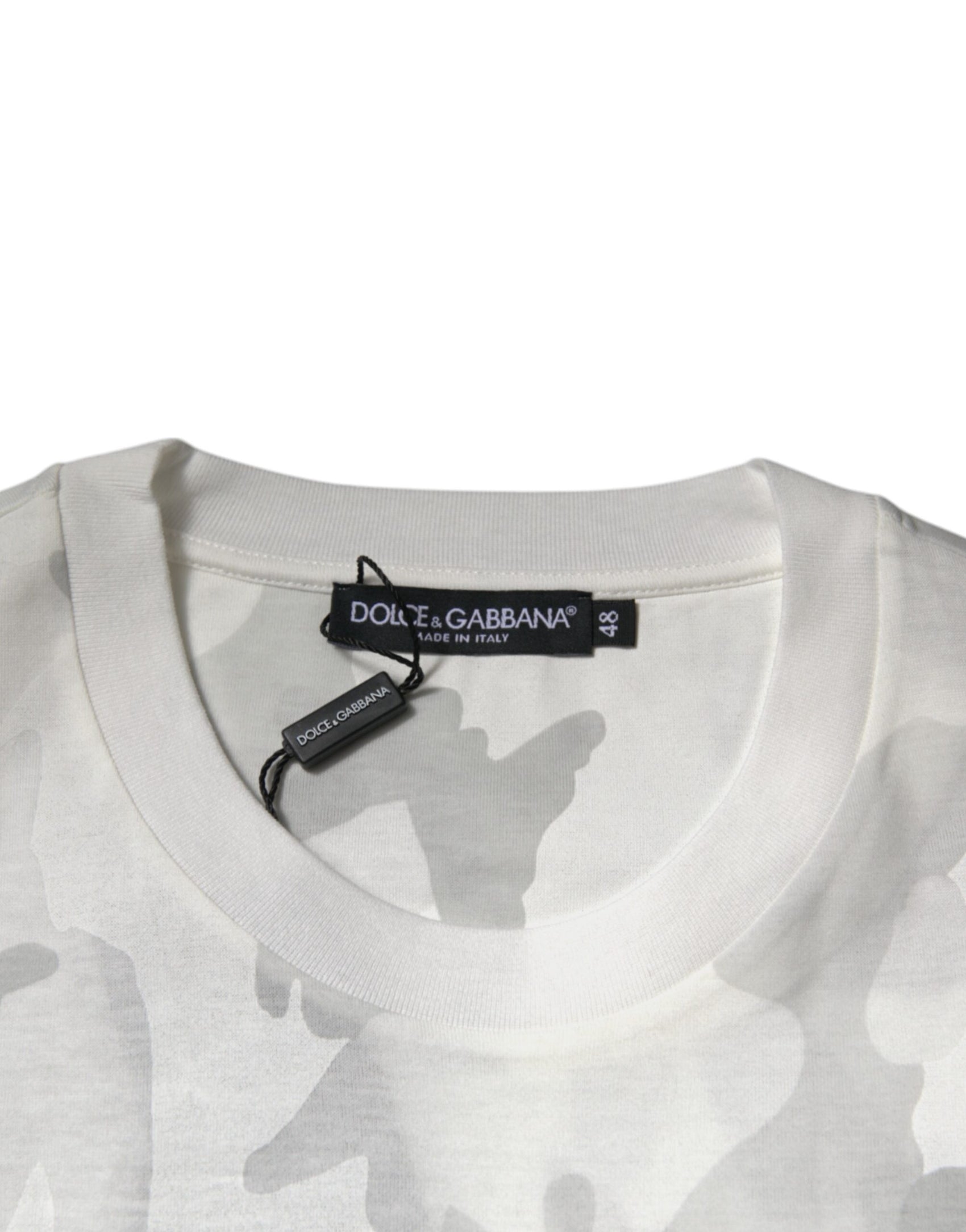 Weiß-graues Camouflage-T-Shirt aus Baumwolle mit Rundhalsausschnitt