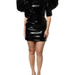 Schwarzes Minikleid aus Lackleder mit Puffärmeln