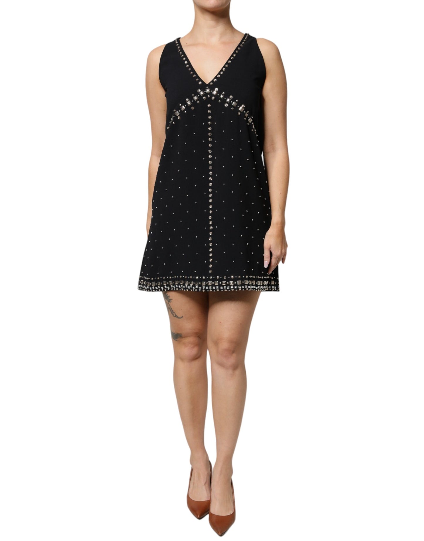 Black Embellished Polyester Sleeveless Shift A-line Mini Dress