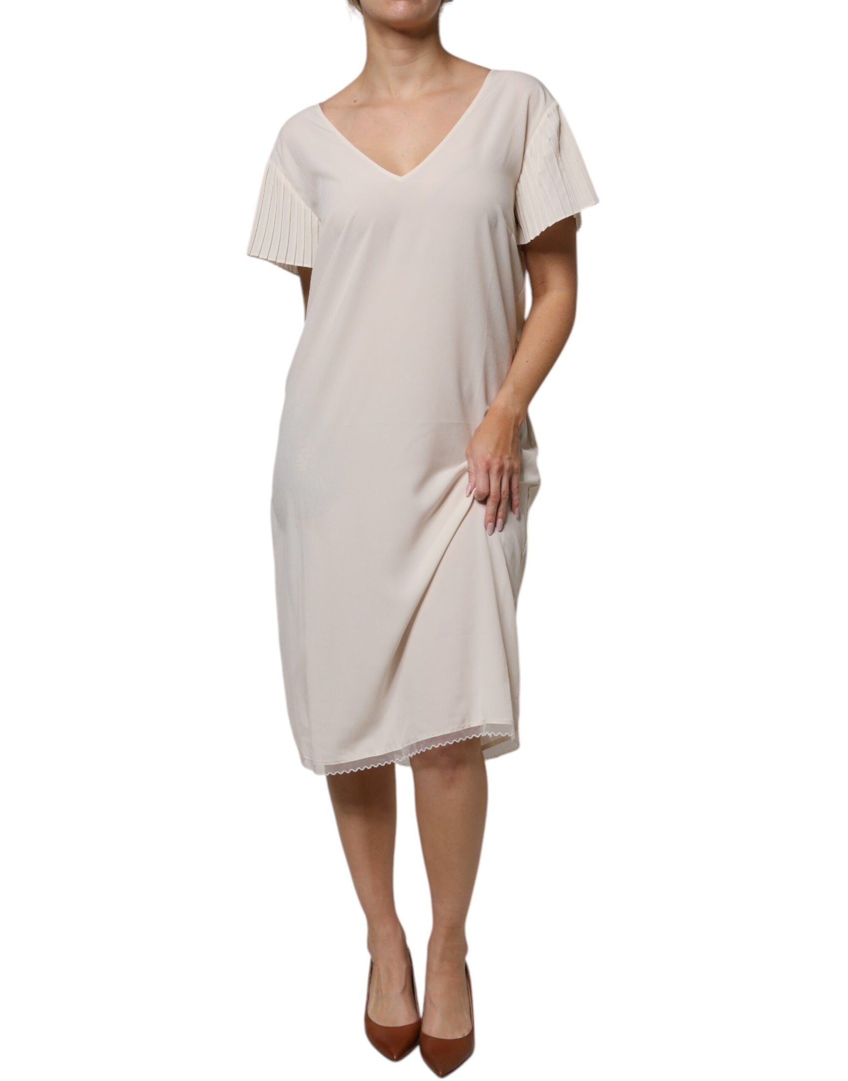 Abito midi a tubino con scollo a V e maniche corte bianco sporco