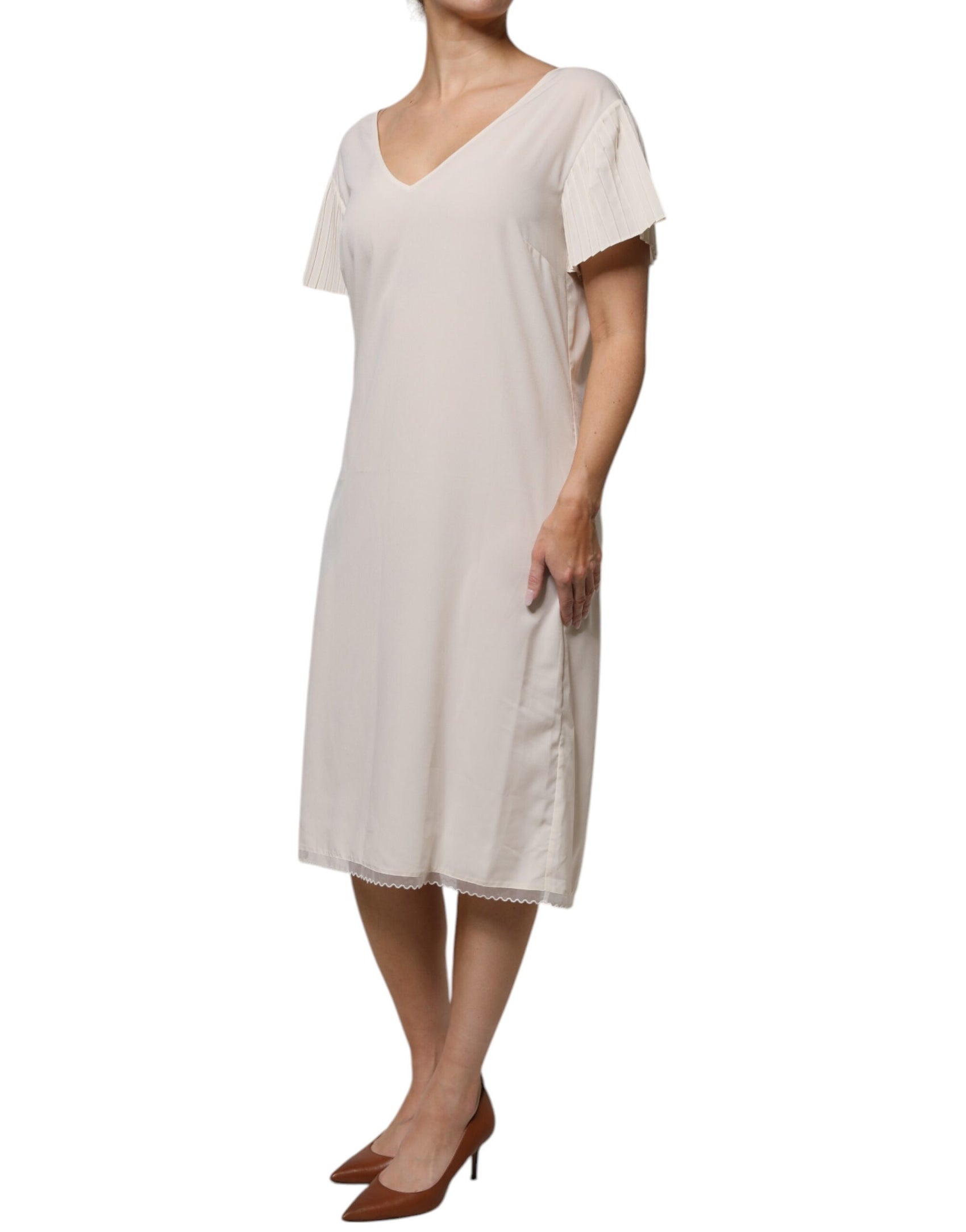 Abito midi a tubino con scollo a V e maniche corte bianco sporco