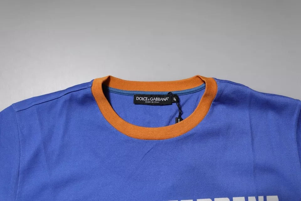 Blaues Baumwoll-T-Shirt mit Rundhalsausschnitt und grafischem Print