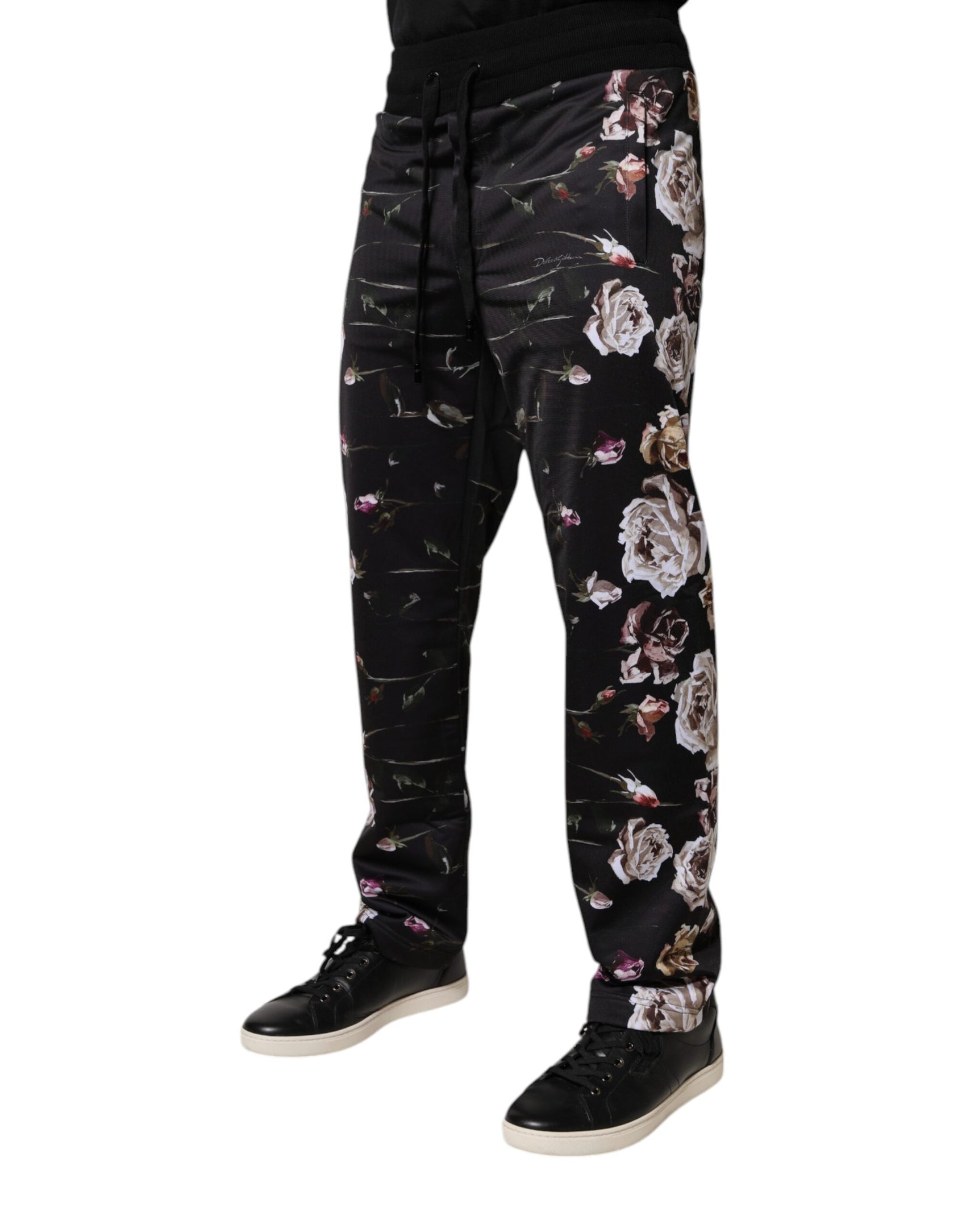 Schwarze Jogginghose aus Polyester mit Blumenmuster