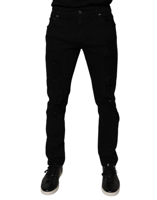 Jeans da uomo skinny in cotone nero strappato