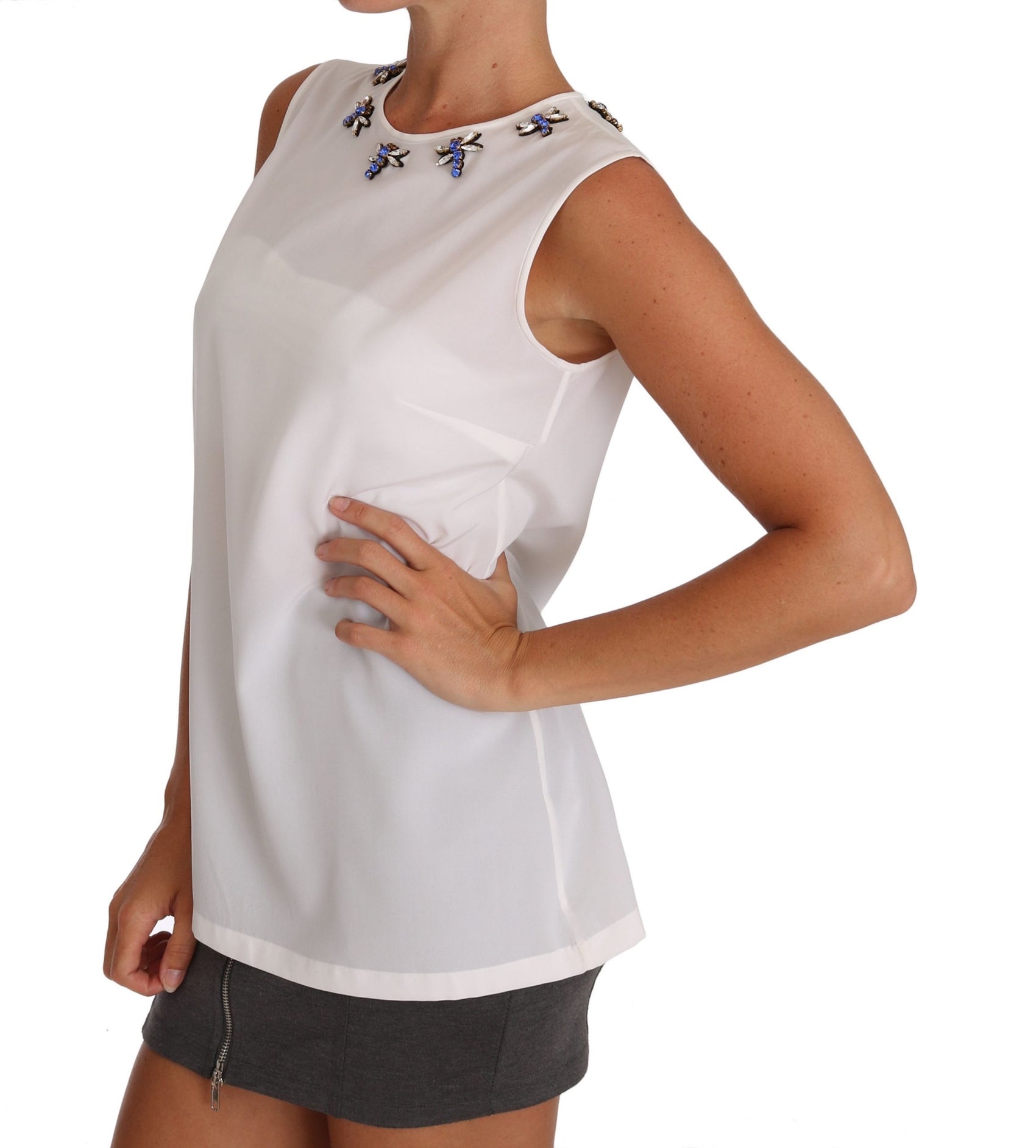 Elegante, verzierte, ärmellose Seidenbluse