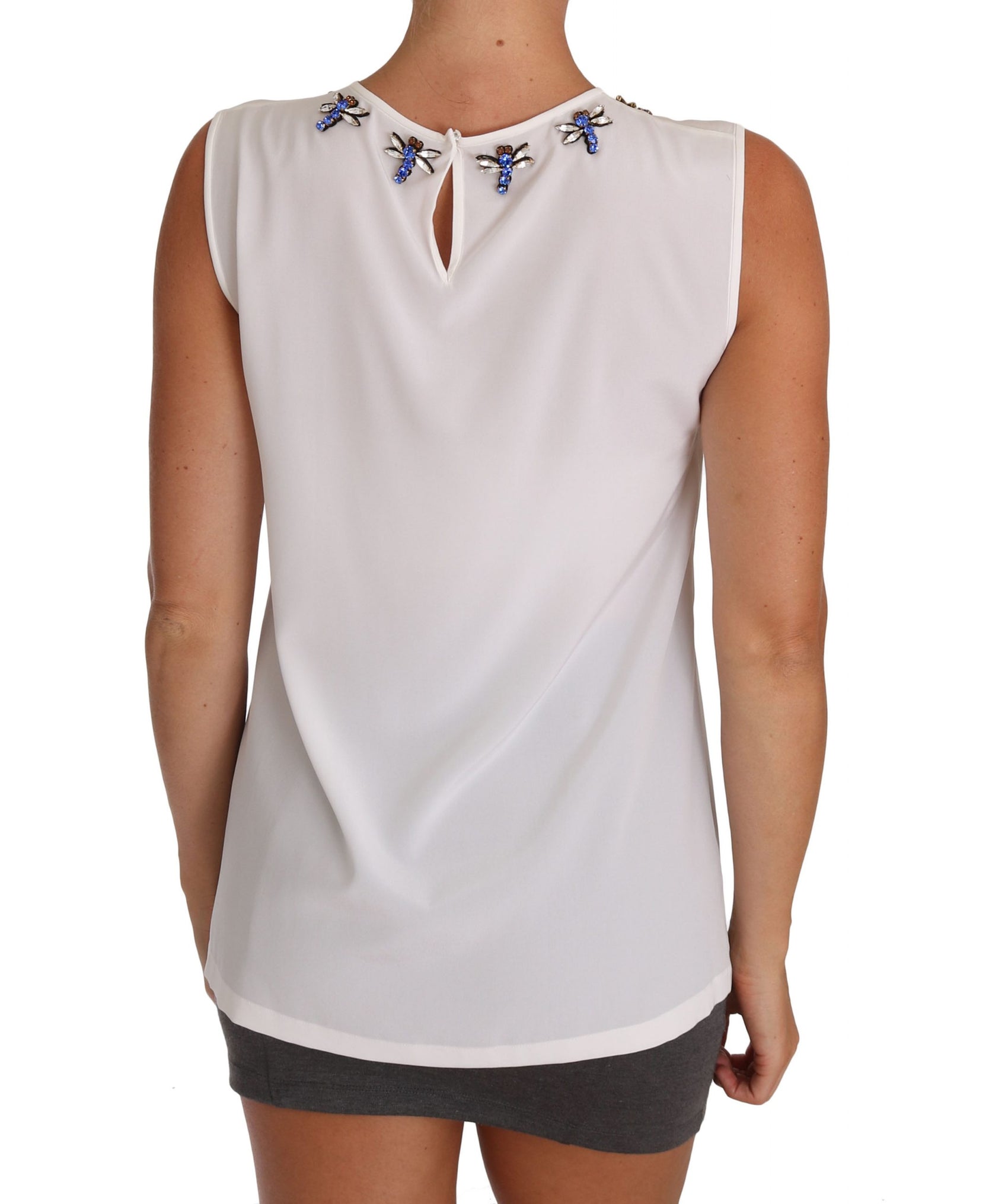 Elegante, verzierte, ärmellose Seidenbluse