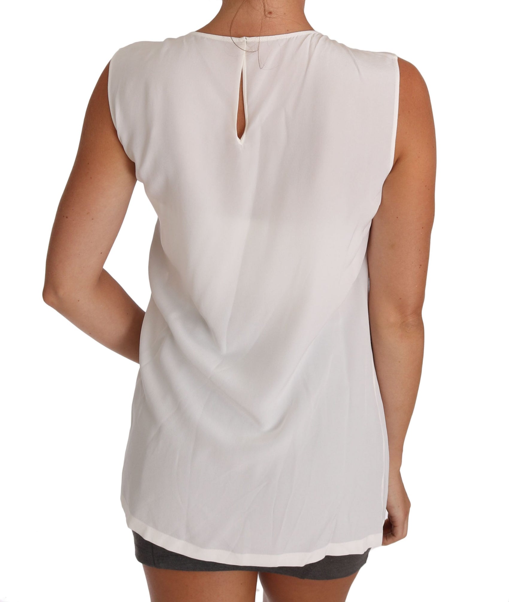 Elegantes weißes ärmelloses Seidentop mit Spitzendetail