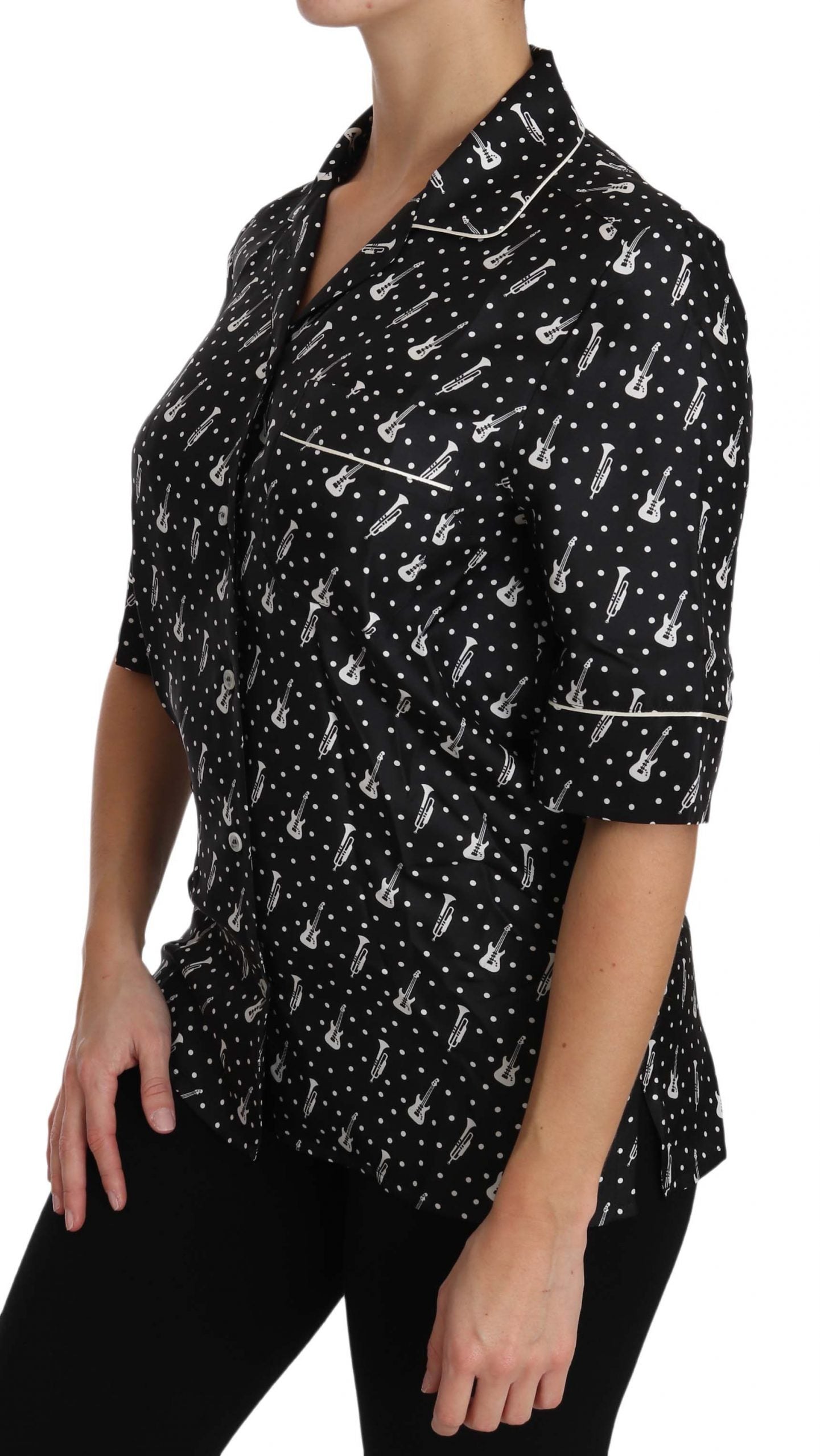 Poloshirt aus Seide mit Gitarren- und Trompetendruck