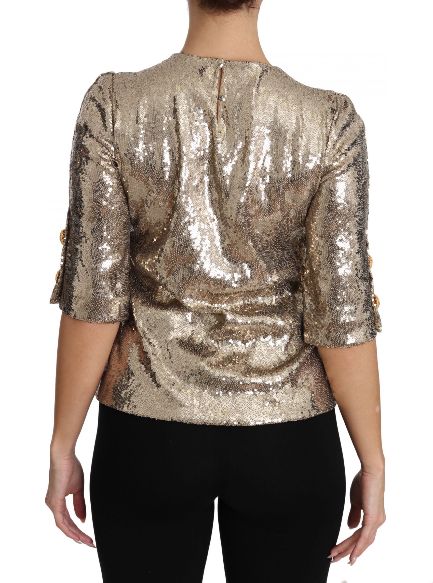 Rundhalsbluse mit goldenem Papageienmotiv und Kristallen