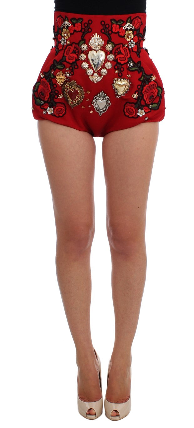 Mini shorts in seta rossa con cristalli