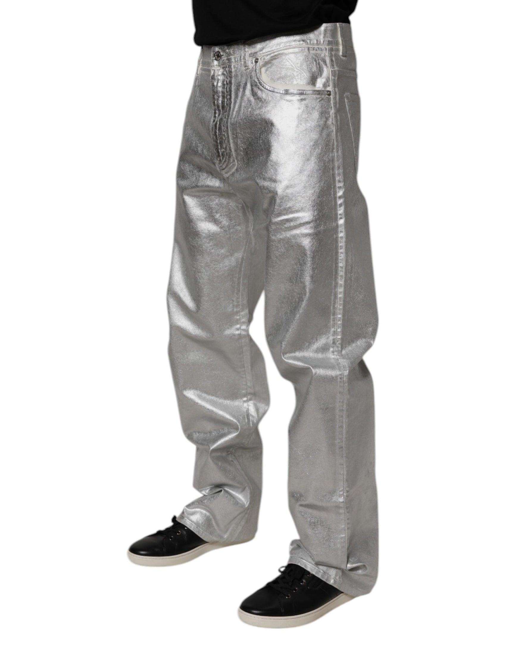 Dolce & Gabbana Metallic Silver Cotton Straight Denim Jeans