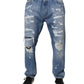 Dolce & Gabbana Blue Tattered Straight Cotton Denim Jeans