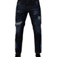 Dolce & Gabbana Dark Blue Cotton Tattered Skinny Denim Jeans