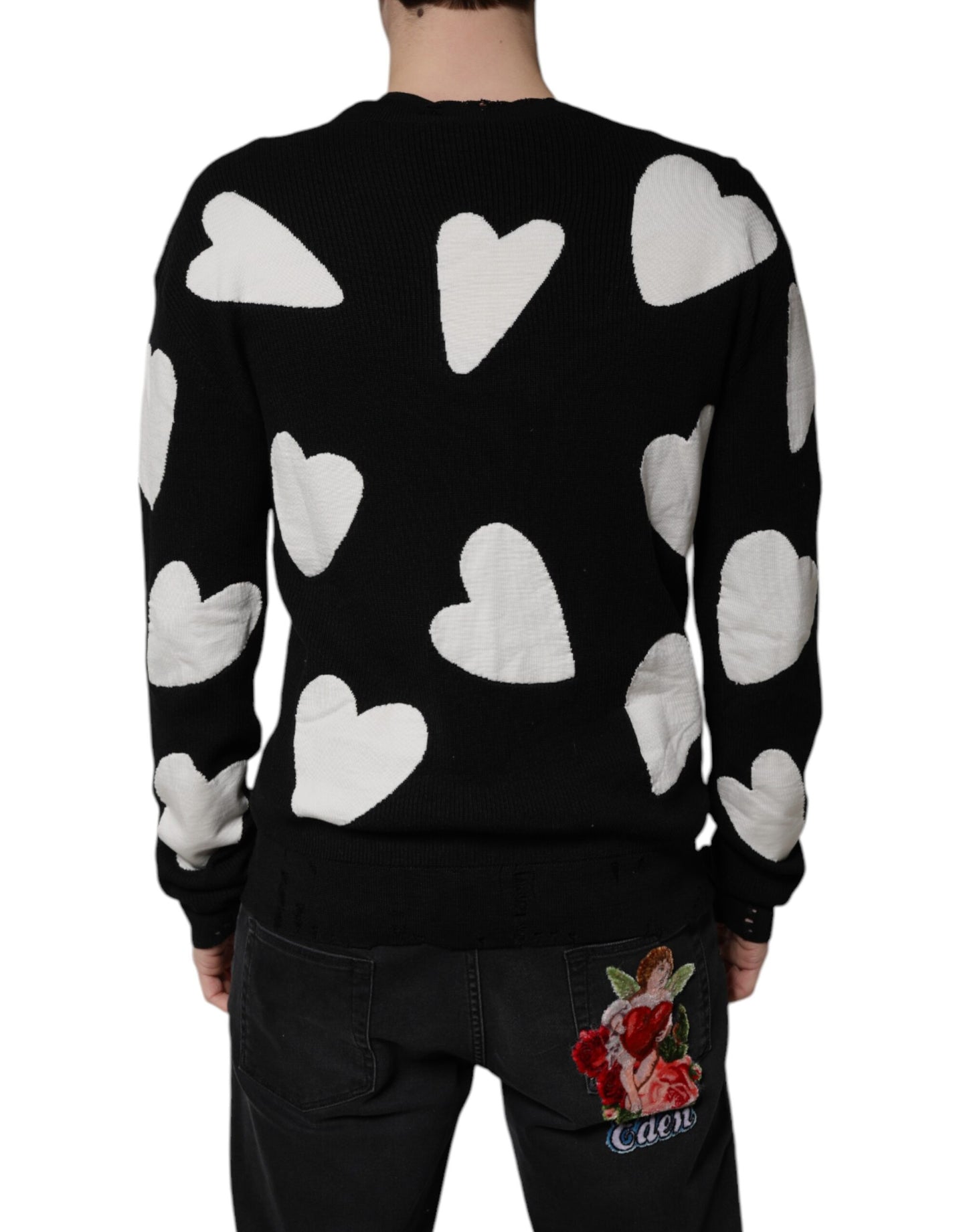 Dolce & Gabbana Black Hearts Silk Crew Neck Pullover Sweater