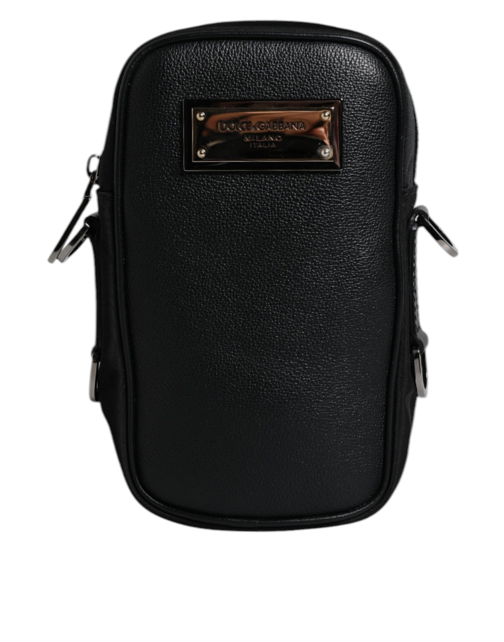 Black Nylon Leather Logo Plaque Crossbody Sling Bag
