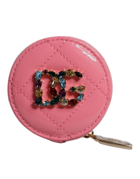 Pink Lamb Leather DG Crystal Round Coin Purse Wallet