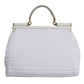 White Rafia Leather Top Handle Crossbody Bag