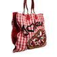 Red Checkered Embellished Shopping Tote Cotton Bag