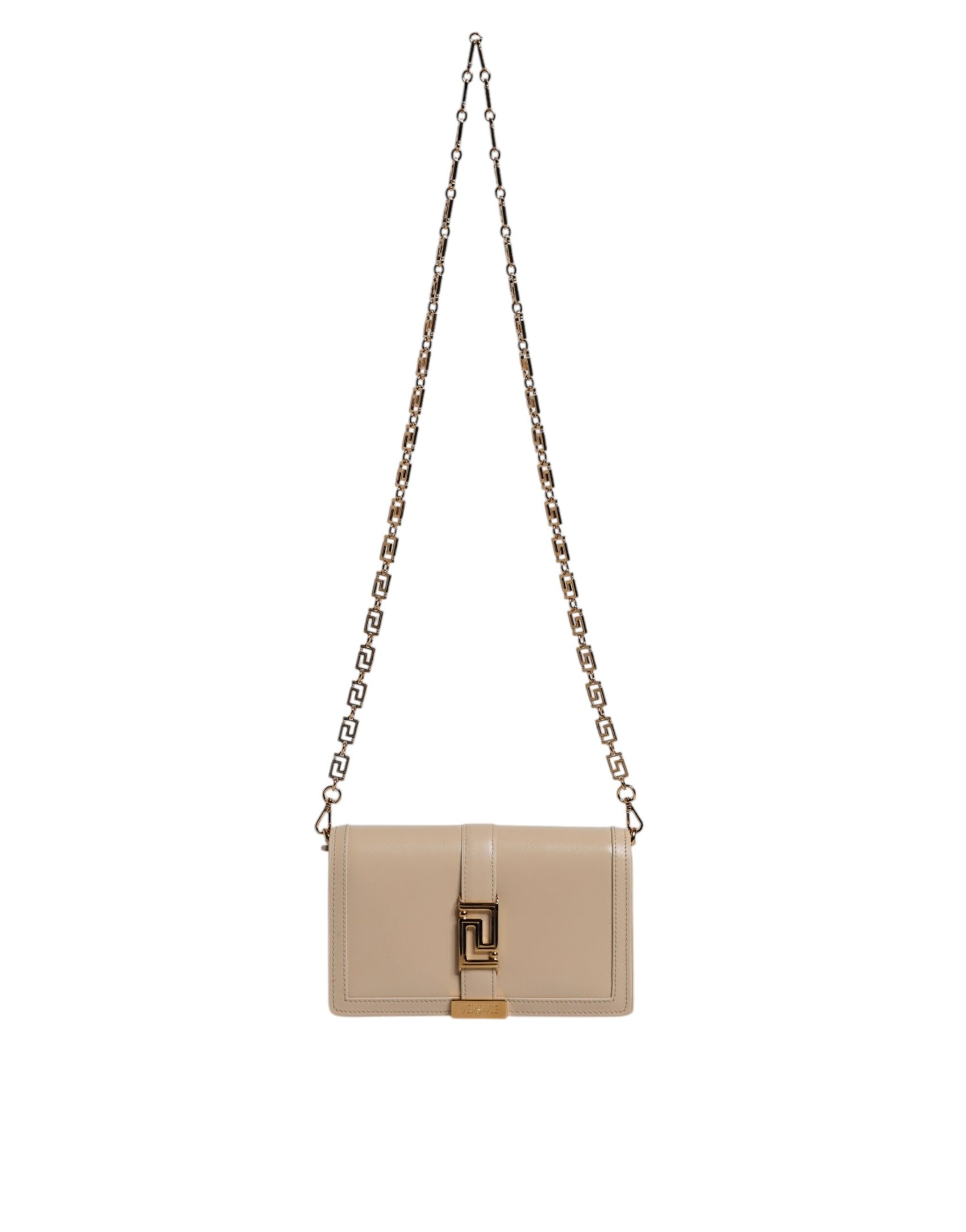 Versace Beige Gold Chain Calf Leather Wallet Crossbody Bag