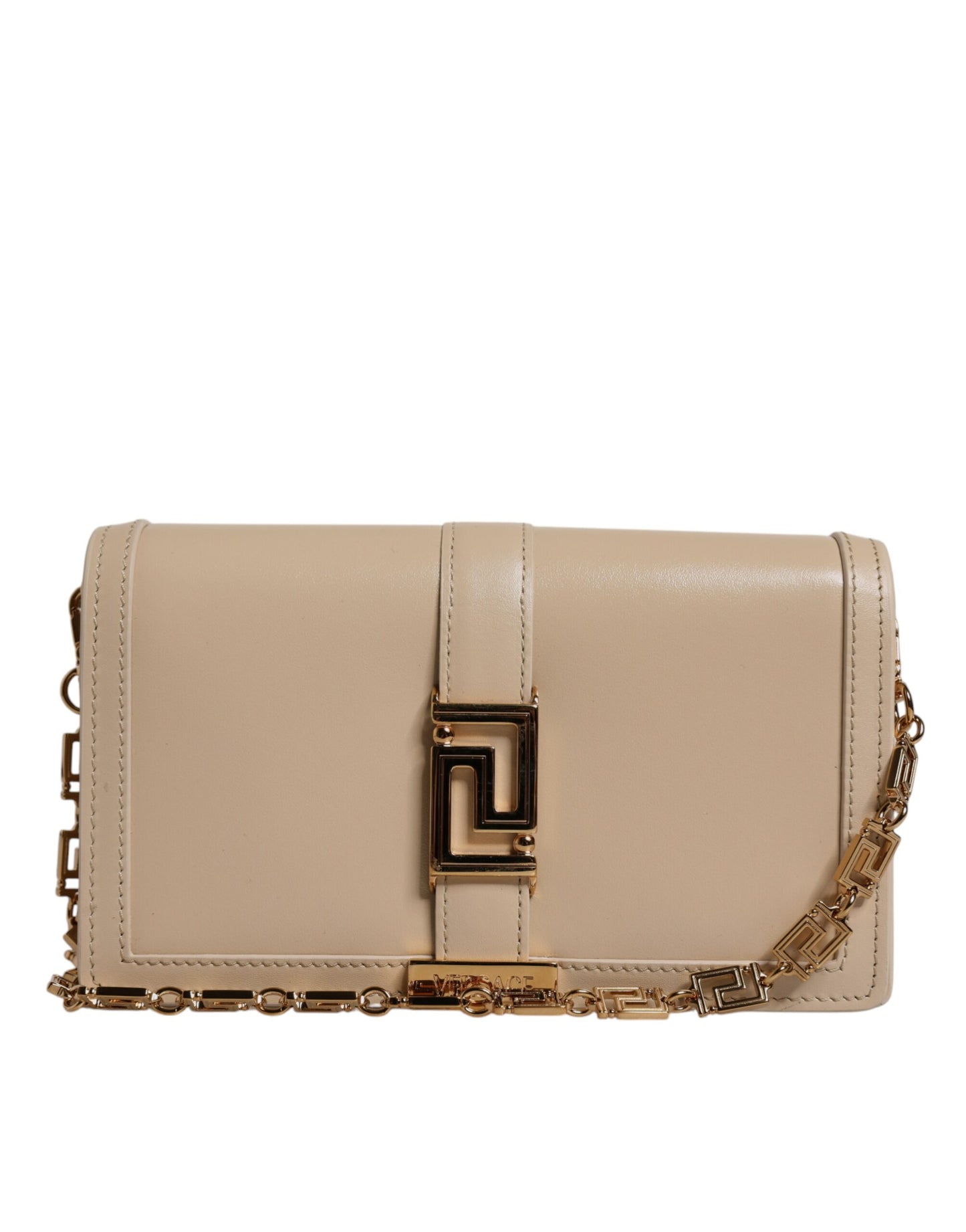 Beige Gold Chain Calf Leather Wallet Crossbody Bag