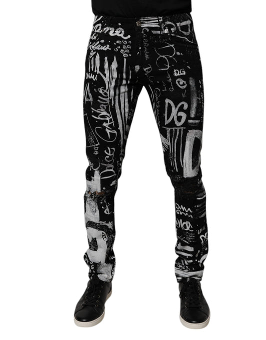 Black Cotton Logo Print Skinny Denim Jeans