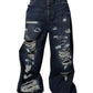 Dark Blue Tattered Wide Leg Men Denim Jeans
