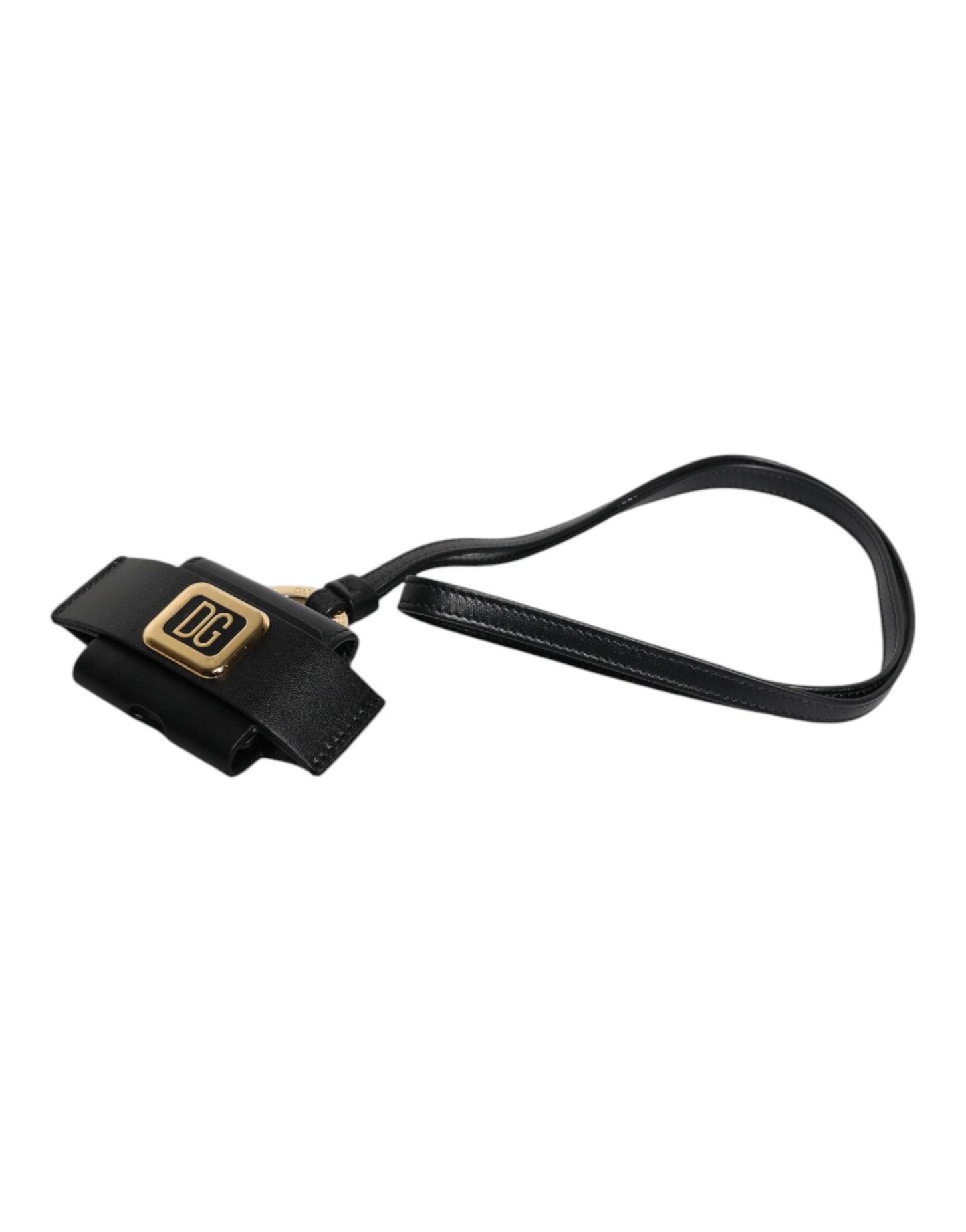 Black Leather Strap Gold Metal Logo Plaque Airpods Case