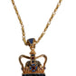 Gold Tone Chain Brass Crystal Crown Pendant Necklace