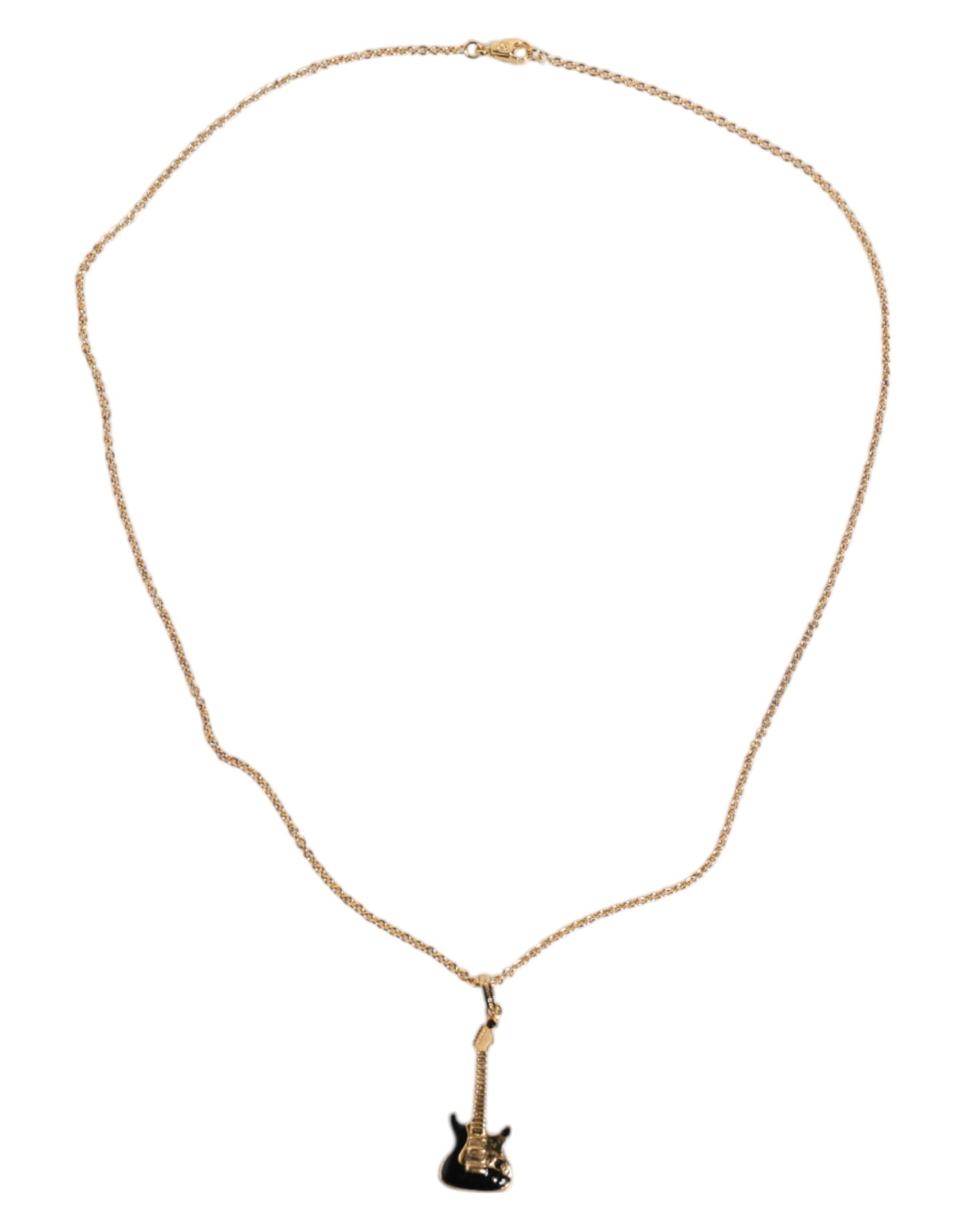 Gold Tone Chain Brass Crystal Guitar Pendant Necklace